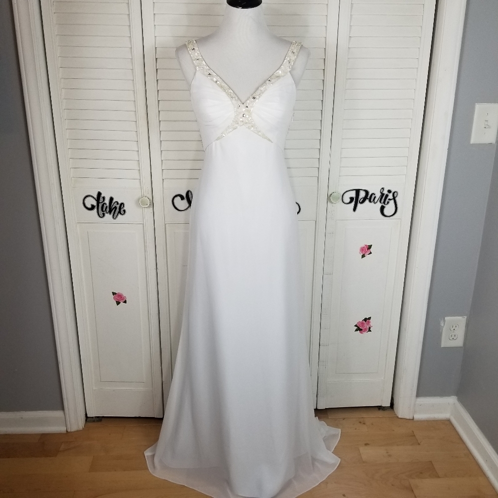 DB Studio beaded romantic white wedding gown silky chiffon